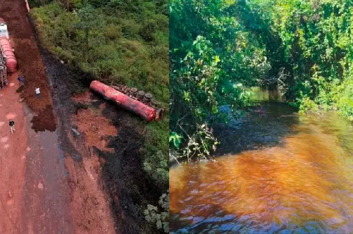 Caminhão com carga de óleo queimado tomba na BR-163 e contamina rio entre Rurópolis e Itaituba