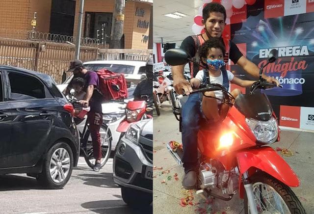 Entregador consegue emprego e moto após viralizar trabalhando com filha na garupa de bicicleta