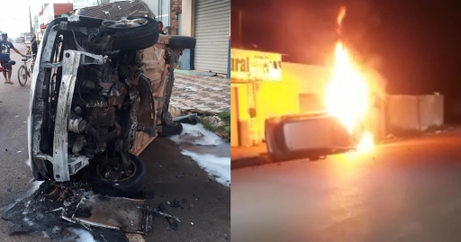Carro pega fogo após colidir contra meio-fio de calçada e tombar, em Itaituba