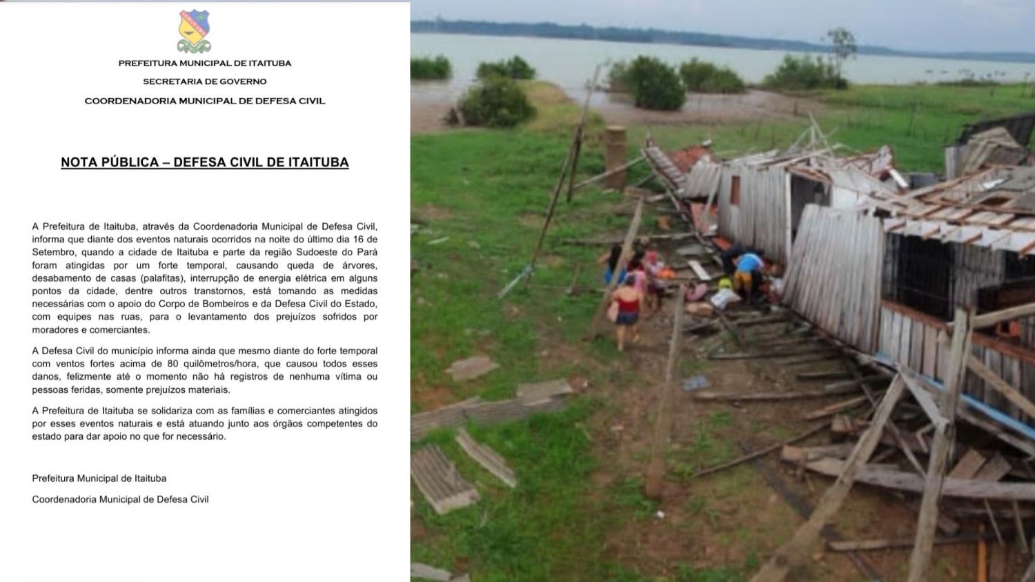 Defesa Civil de Itaituba emite nota referente a o forte temporal ocorrido na quinta-feira 16, o vendaval vários transtornos no município