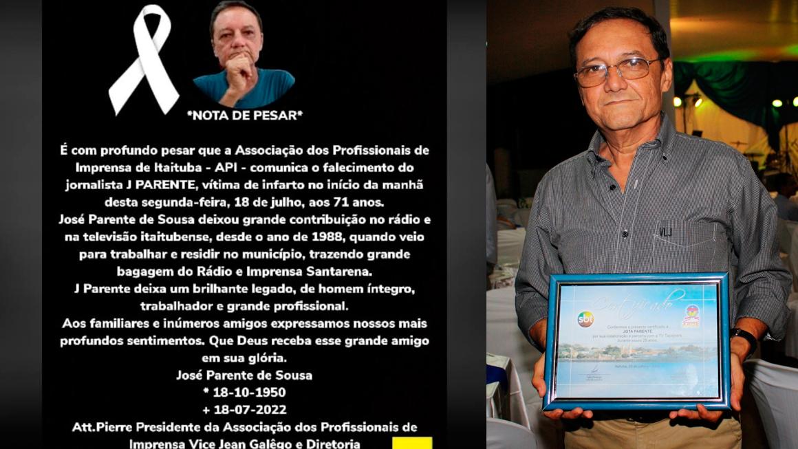 Jornalista Itaitubense e Santareno Jota Parente, Morre aos 71 anos em Itaituba Pará