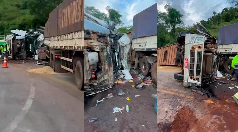 Caminhão boiadeiro colide de frente com caminhão de soja na BR-163, próximo a Novo Progresso sentido Mato Grosso