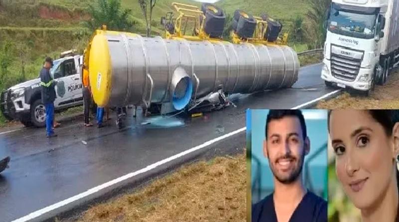 Médica e estudante morrem após caminhão-tanque tombar sobre carro
