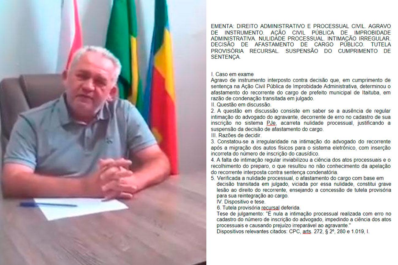 Prefeito Valmir Climaco deve ser reconduzido ao cargo, a decisão é da 1ª Turma de Direito Público da Capital do Estado.