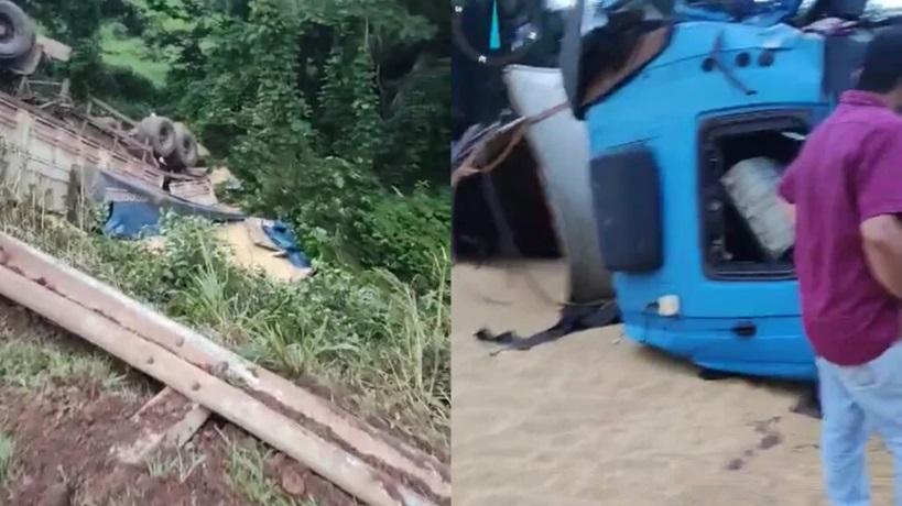 Carreta Carregada com Soja Tomba na BR-163 Próximo ao Distrito de Campo Verde
