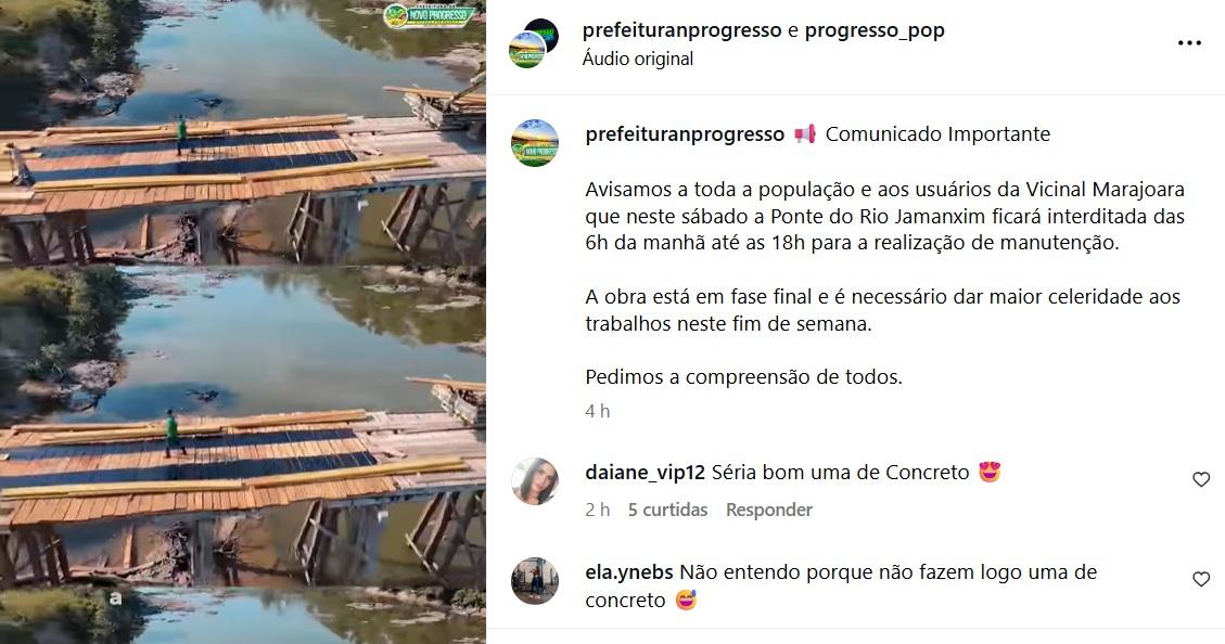 Ponte sobre o Rio Jamanxim em Novo Progresso será interditada neste sábado (13) para manutenção