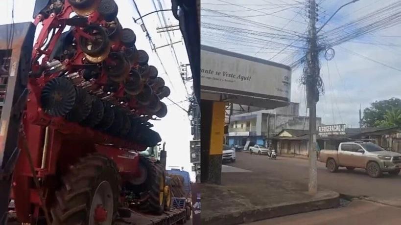 Carreta causam caos em Itaituba: máquinas agrícolas derrubam fiação e danificam semáforos